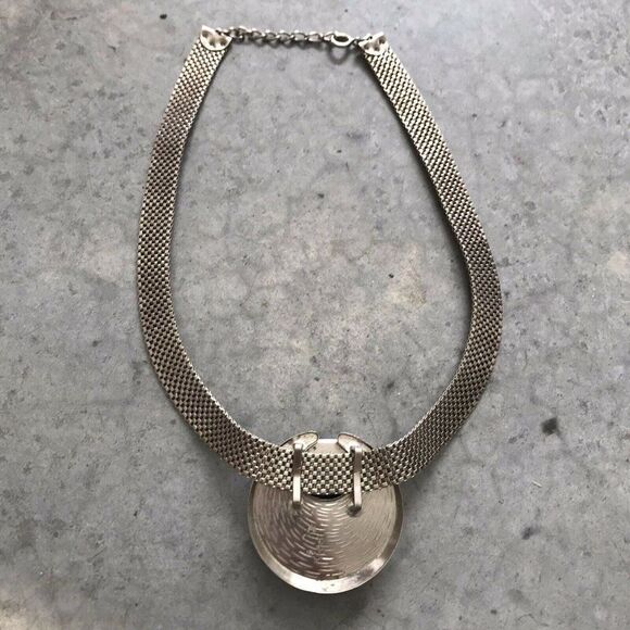 1980s Statement Blue Silver Crystal Stainless Steel Pendant Chainlink Necklace - Picture 6 of 10